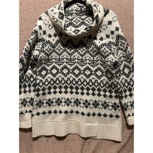 Nordic Scandi Fair Isle Wool Blend Cowl Neck Tunic Length Sweater XL Chunky